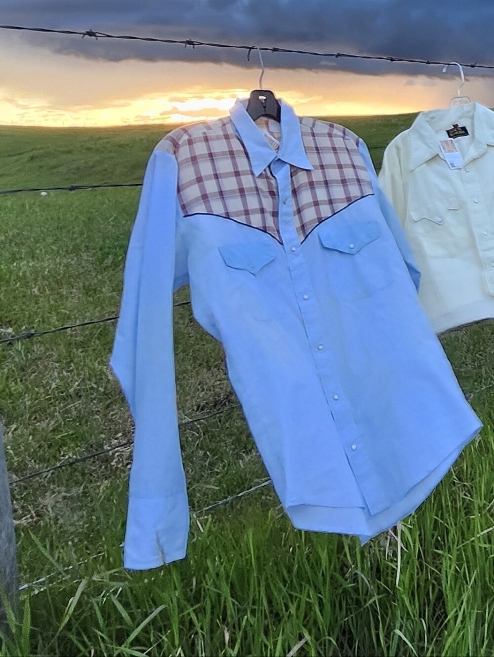 Vintage Light Blue Western Pearl Snap Shirt with Plaid Yoke -